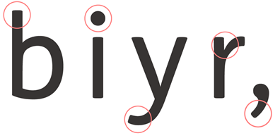 An example of the main Just copy font and its accessibility features The 'b', 'i', 'y' and 'r' letters of the Just Sans body copy font, with accessibility features circled.