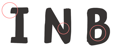 An example of the Just header font and its accessibility features The 'I', 'N' and 'B' letters of the Just Script header font, with accessibility features circled.